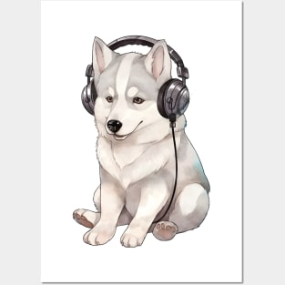 Watercolor Siberian Husky Dog with Headphones Posters and Art